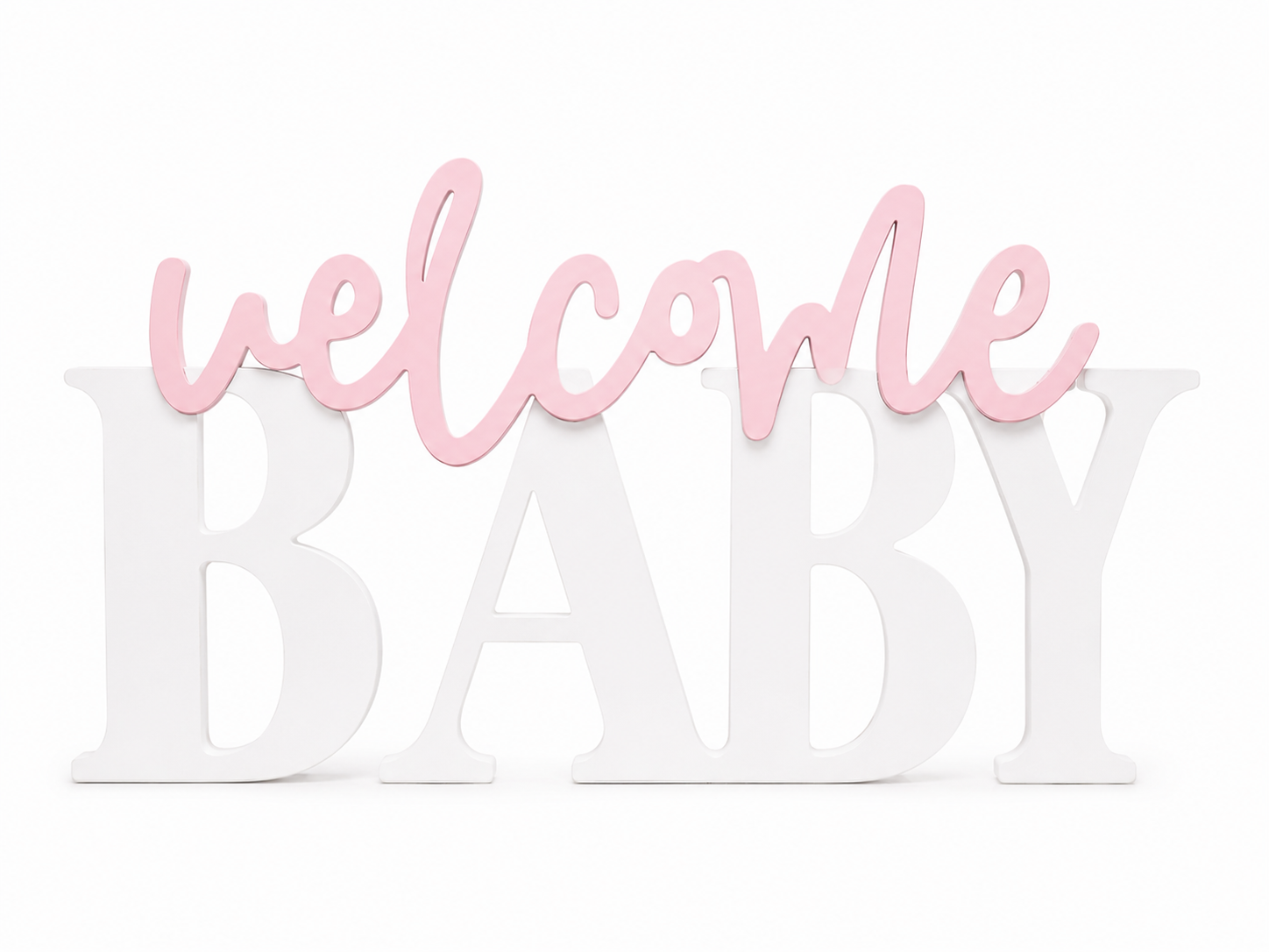 Letreiro decorativo com as palavras welcome BABY em rosa e branco