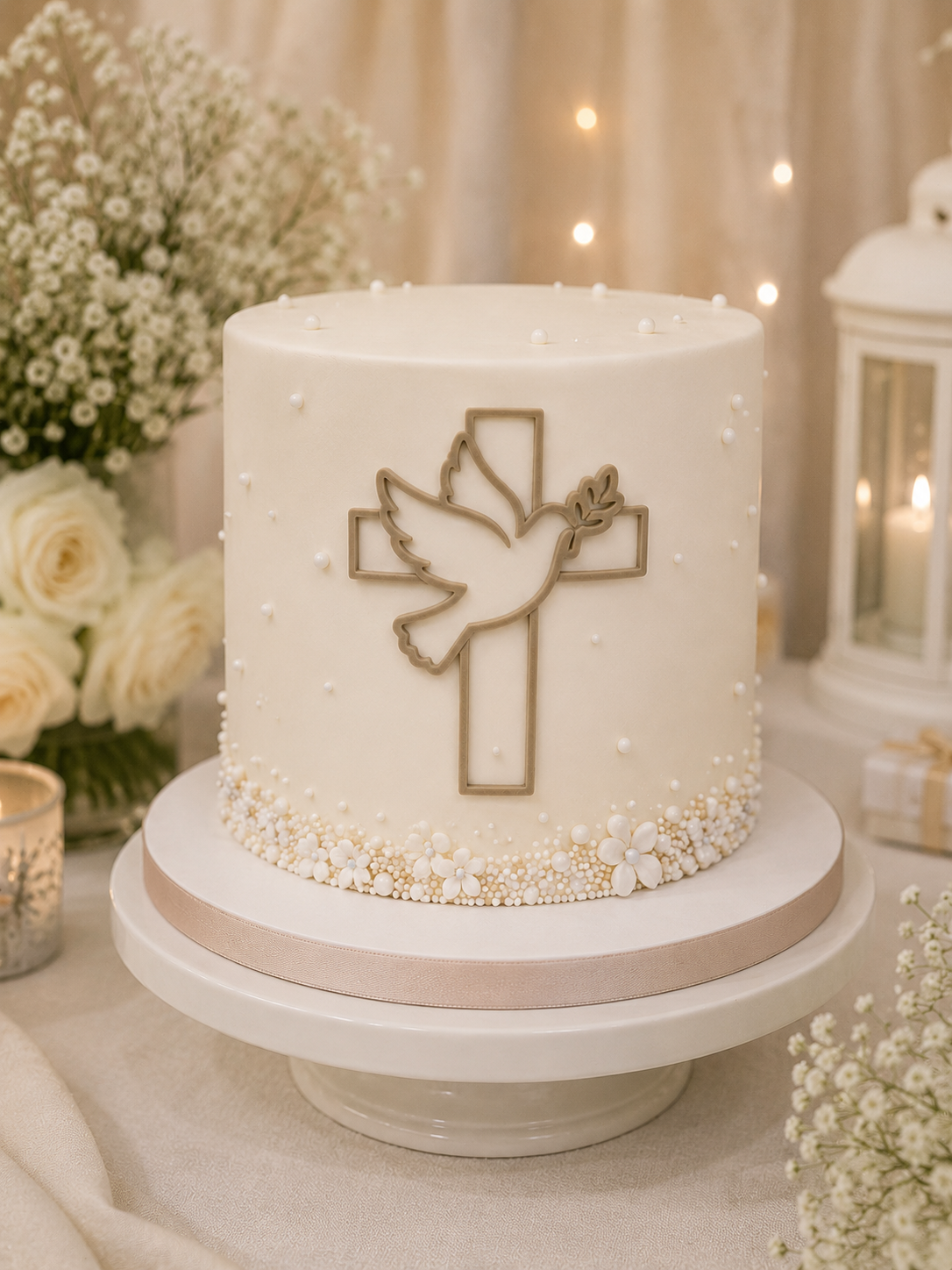 Bolo branco decorado com cruz dourada e pomba, pérolas e flores brancas, sobre suporte branco com fita bege