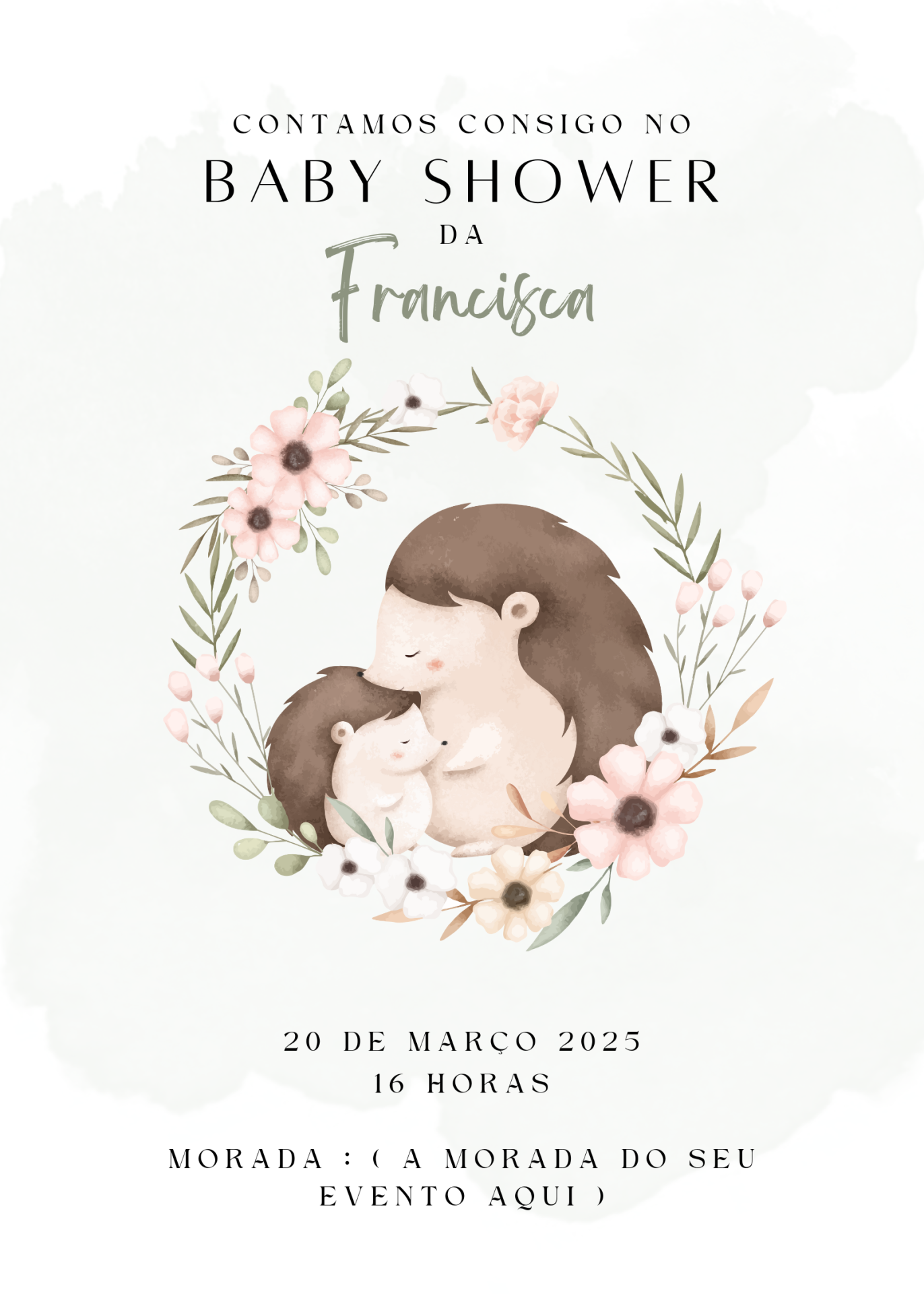 Convite de baby shower com ursos e flores em tons pastel