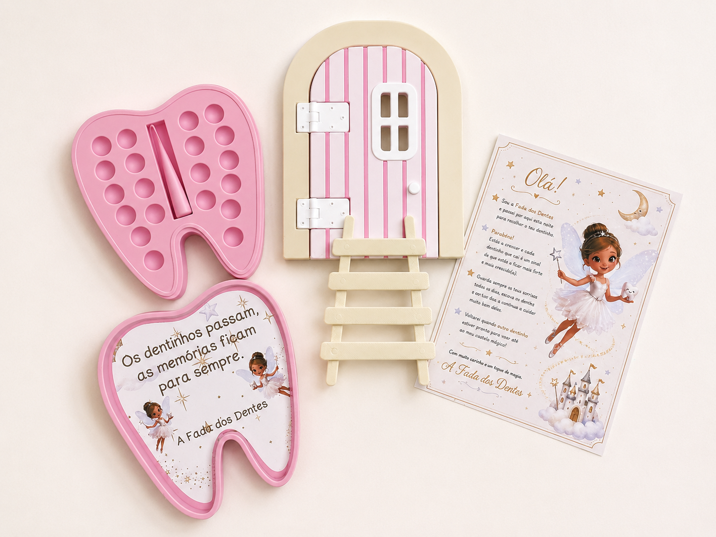 Porta e acessórios para guardar dentes de leite com tema de fada dos dentes