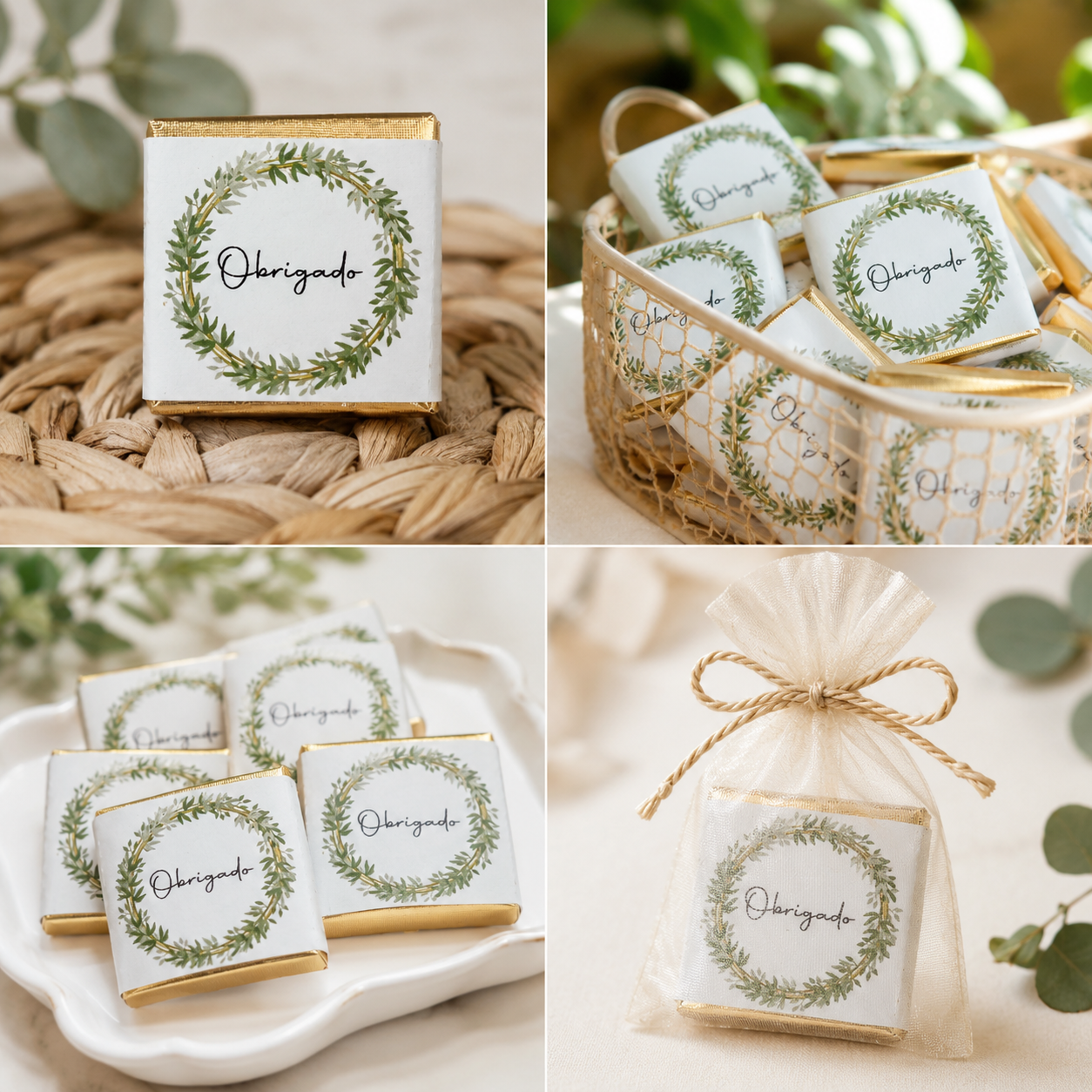 Chocolates com embalagem branca decorada e texto Obrigado