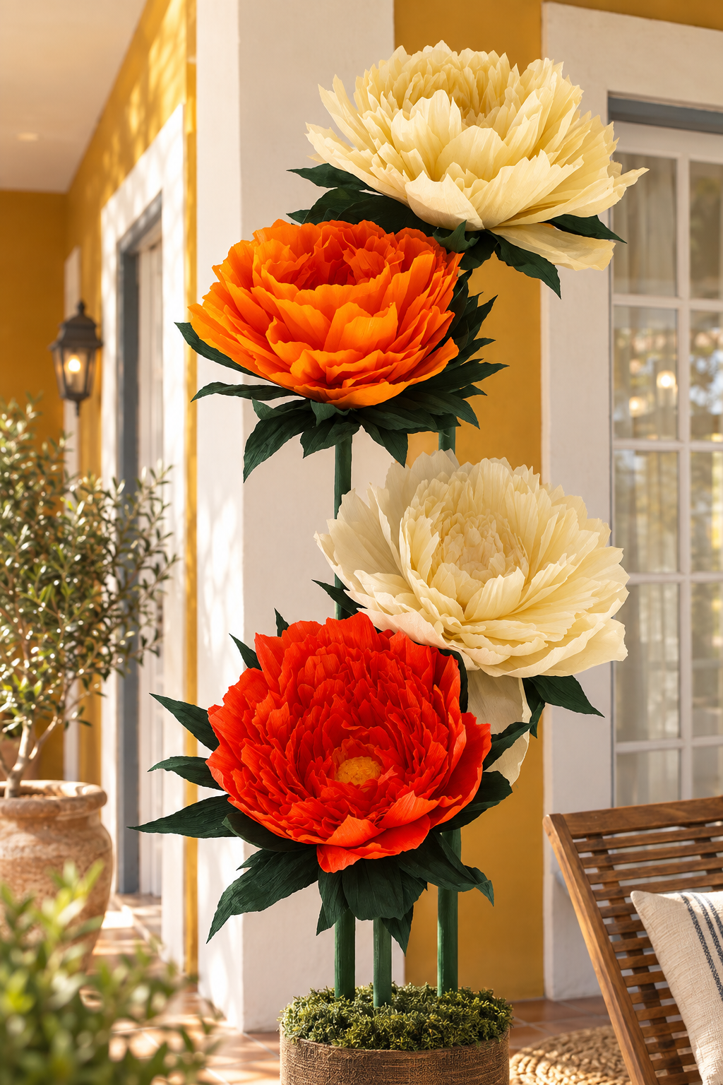 Arranjo decorativo com flores grandes laranja e creme em vaso rústico numa varanda amarela