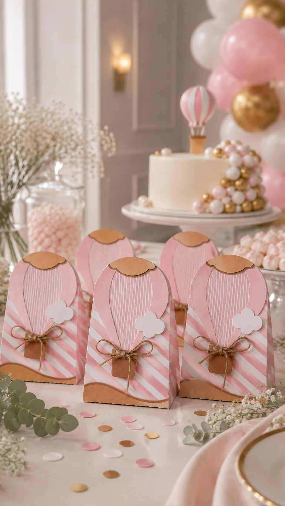 Caixas de papel rosa com decoração de balão de ar quente numa mesa de festa decorada.
