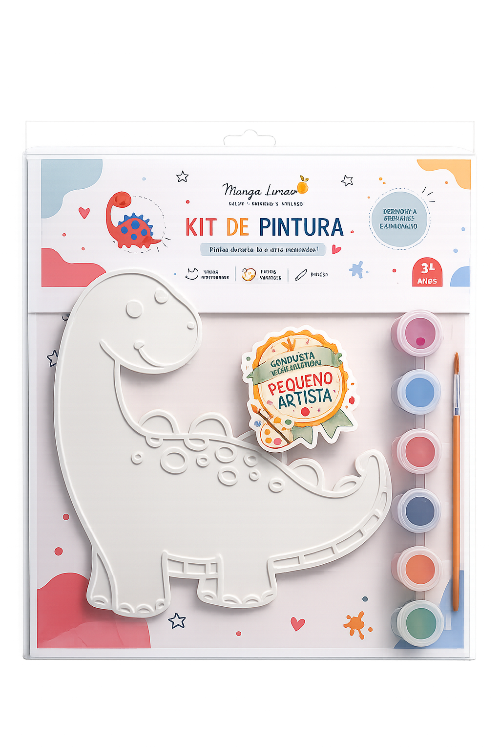 Kit de pintura infantil com figura de dinossauro, tintas coloridas e pincel em embalagem