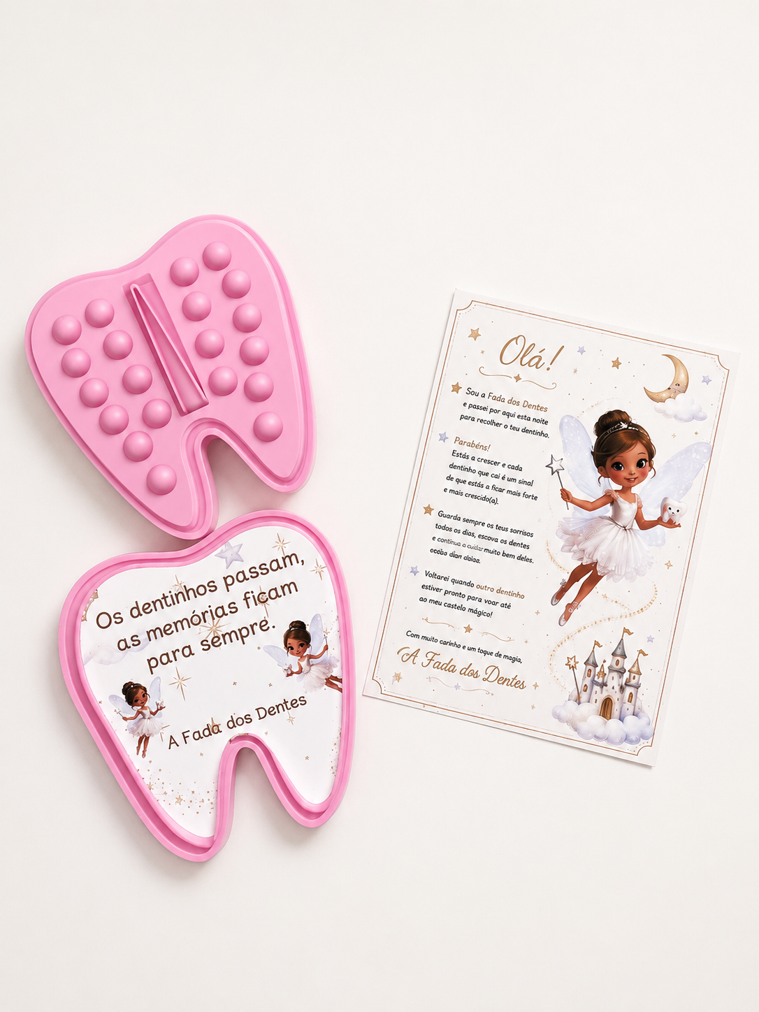 Caixa de dentinho cor-de-rosa em forma de dente com mensagem e carta da fada dos dentes