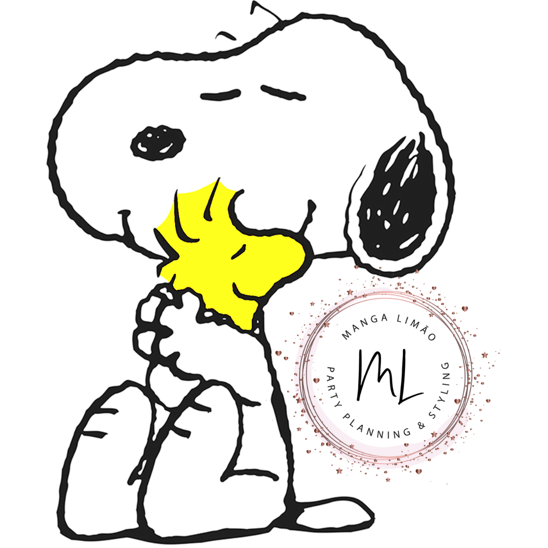 Desenho de Snoopy a abraçar pássaro amarelo com selo Manga Limão