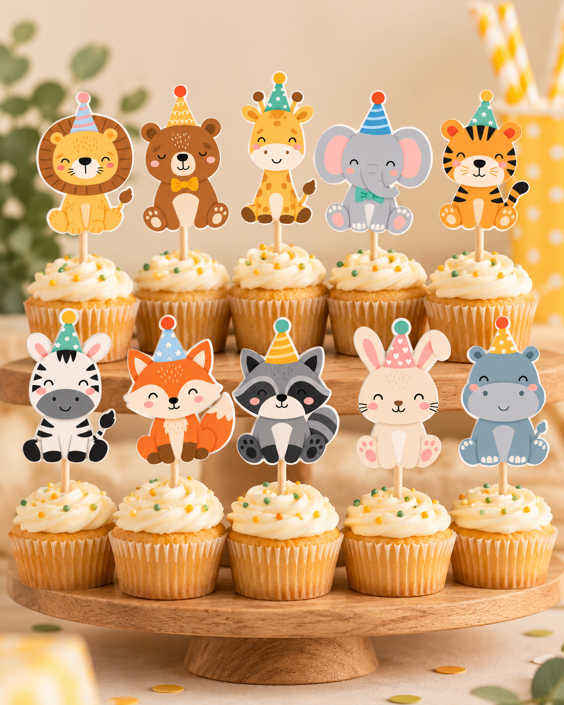 Cupcakes decorados com toppers de animais de festa em papel com chapéus coloridos