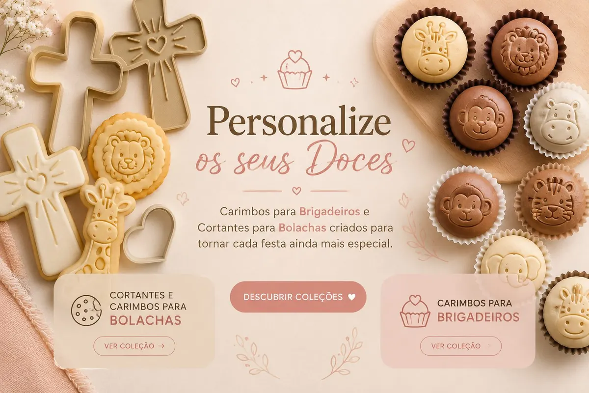 Carimbos, cortantes e acessórios personalizados para doces e bolachas