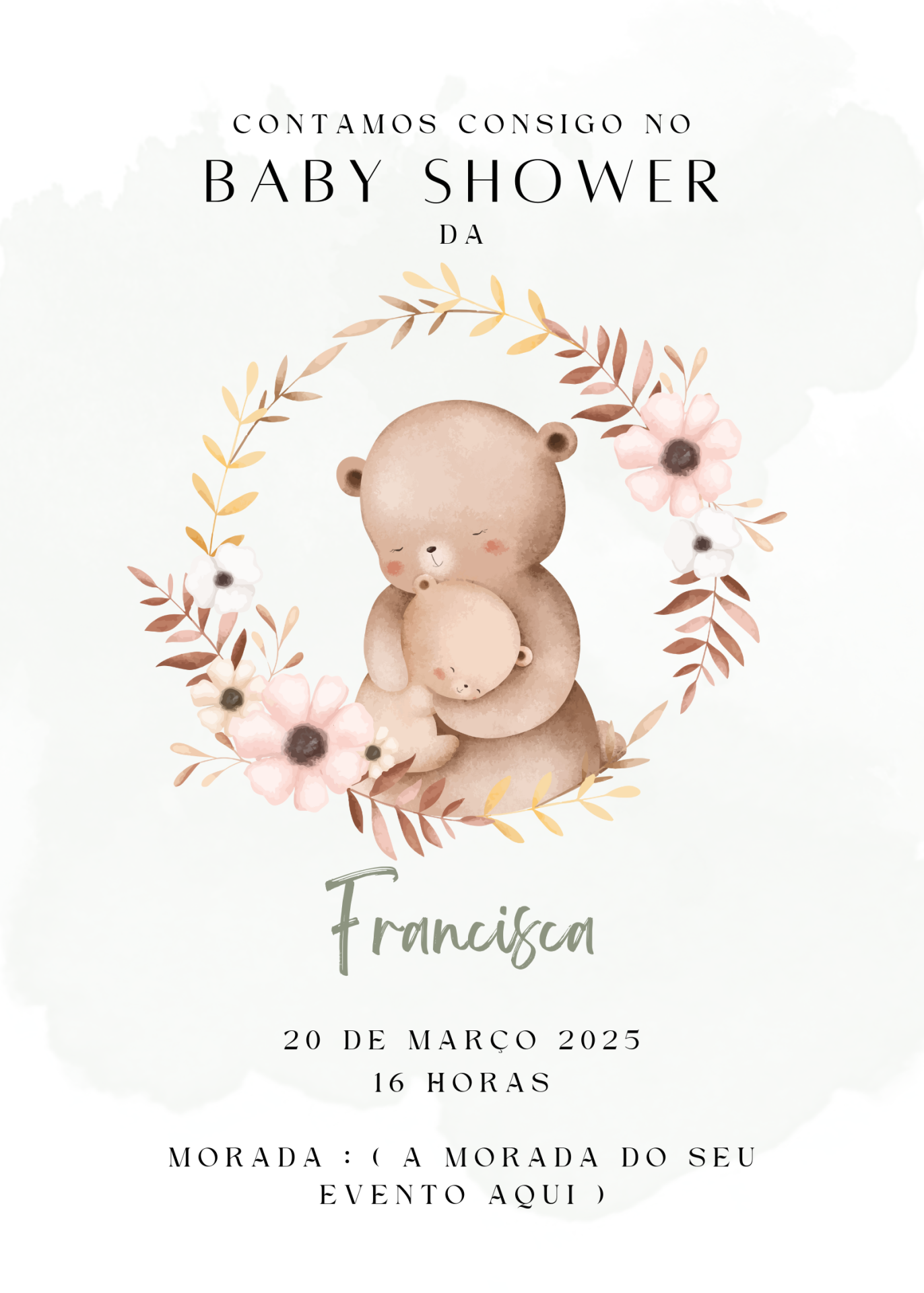 Convite Baby shower com ursos abraçados e flores