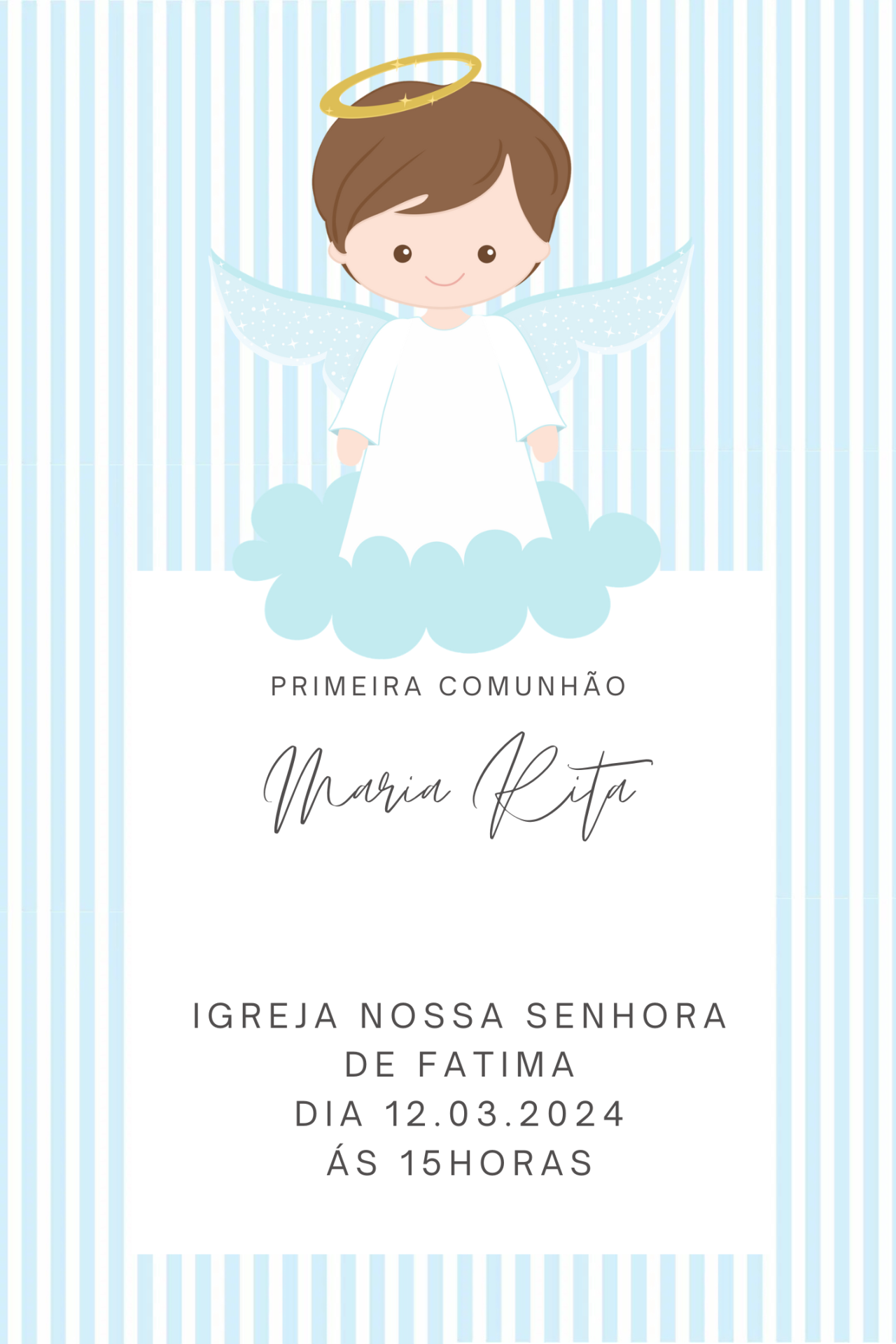 Convite de primeira comunhão com anjo e texto detalhado