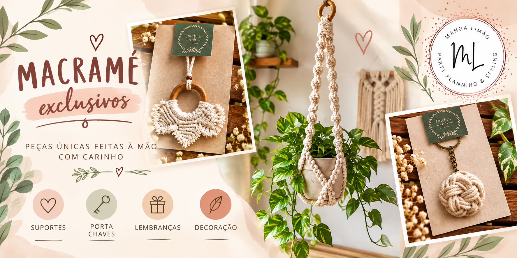 Suportes de macramé e porta-chaves para lembranças