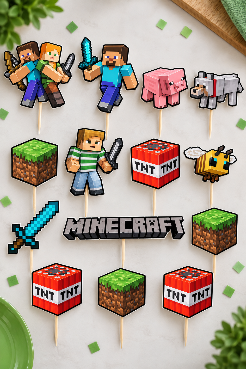 Decorativos para bolos com tema Minecraft de papel e madeira.
