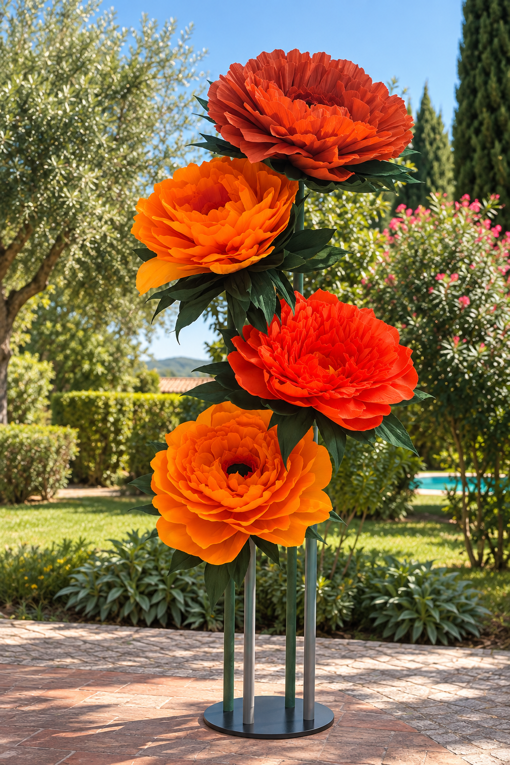Decoração de flores artificiais grandes laranja e vermelho em base preta