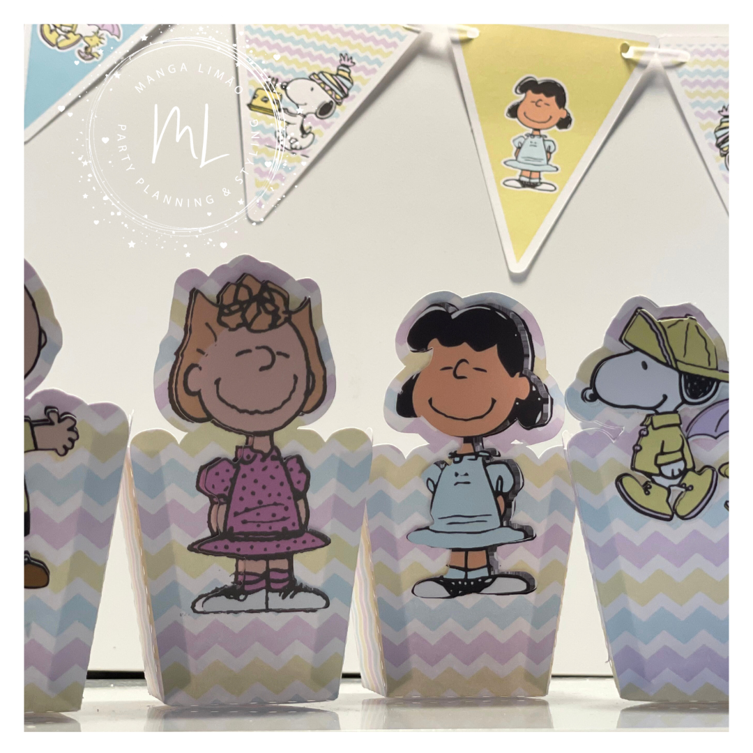 Caixas decorativas com personagens dos Peanuts e bandeirola ao fundo em padrão colorido pastel.