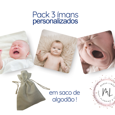 Pack de 3 ímans personalizados com fotos de bebés e saco de algodão cinzento