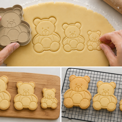 Moldes de cortador de bolachas de urso e bolachas em três tamanhos diferentes em tabuleiro e grelha