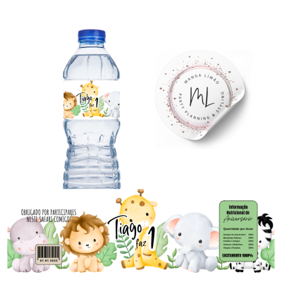 Garrafa com rótulo branco e animais de safari cartoon