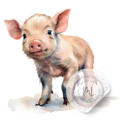 Porquinho pintado em aguarela com selo branco e texto MANGA LIMPO.