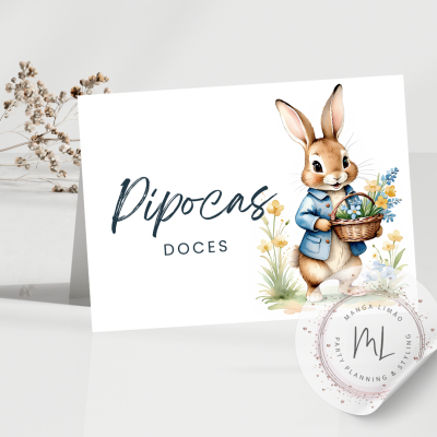 Cartão branco com coelho e texto Pipocas Doces