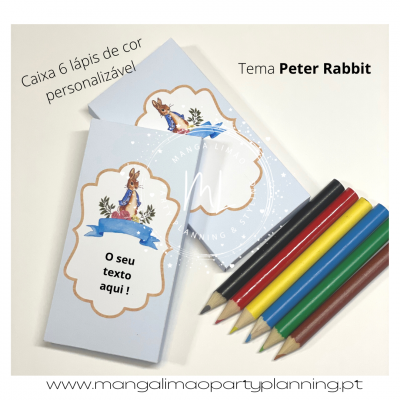 Caixa personalizável com 6 lápis de cor tema Peter Rabbit