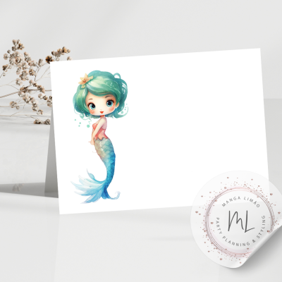 Cartão com ilustração de sereia e selo de marca