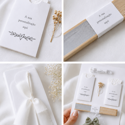 Conjunto de artigos personalizados brancos com detalhes naturais e texto personalizável