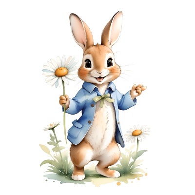 Coelho antropomórfico segurando uma flor margarida