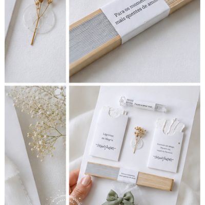 Cartão decorativo branco com flores secas, vara de madeira, etiquetas com texto e frasco pequeno