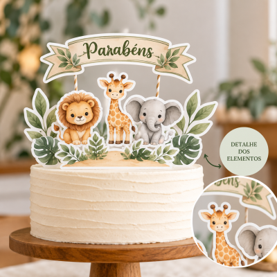 Topo de bolo decorativo com animais e a palavra Parabéns.