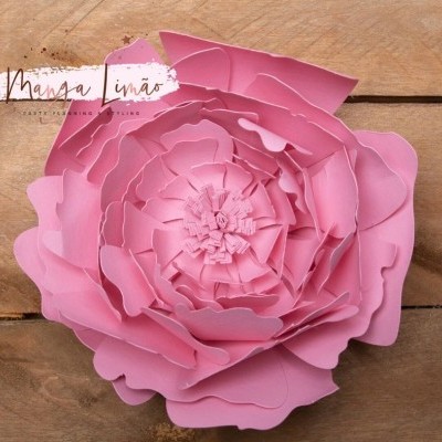 Flor decorativa rosa em madeira com texto 'Manga Limão'
