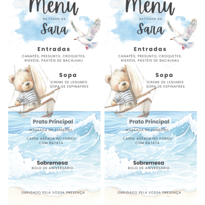 Menus decorativos com urso a velejar e pomba, em azul claro e bege.
