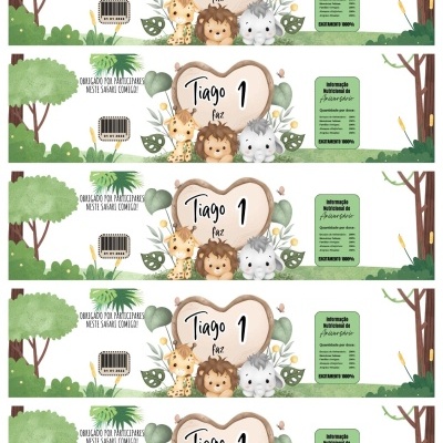 Etiqueta colorida com animais da floresta e texto informativo