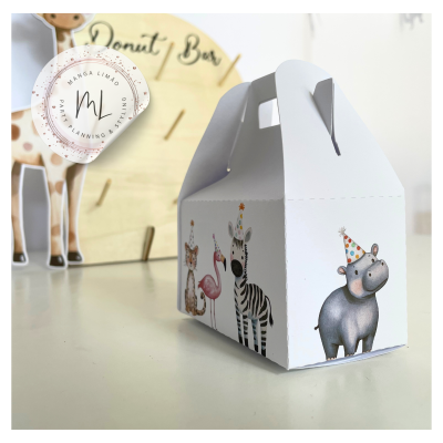 Caixa de cartão branca com desenhos de animais de festa coloridos