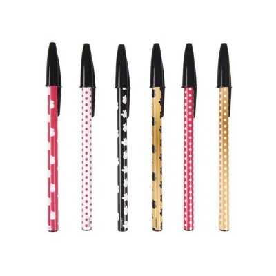 Seis canetas coloridas com tampas pretas e diferentes padrões no corpo, dispostas em linha