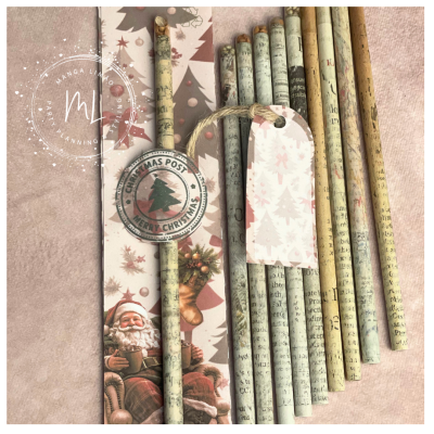 Lápis decorativos com texto impresso, etiqueta com estampa e embalagem natalícia com papai noel e meia