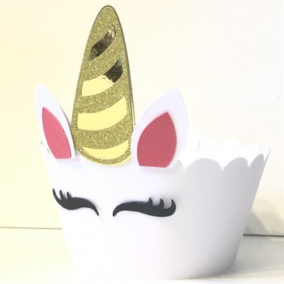 Chapéu decorativo unicórnio em papel branco com chifre dourado brilhante e orelhas rosas