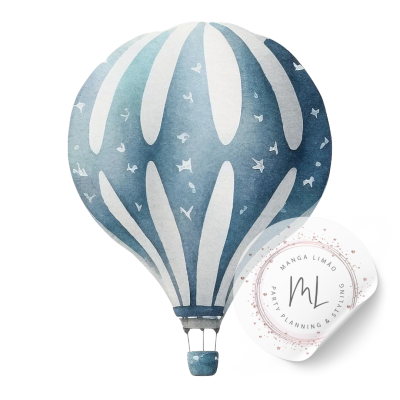 Balão de ar quente decorativo azul e cinza com padrão listrado