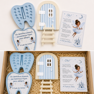 Conjunto para coleção de dentinhos com caixa em forma de dente azul e porta com escada