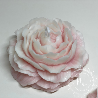 Vela decorativa em forma de flor cor-de-rosa e branco com selo transparente ao fundo