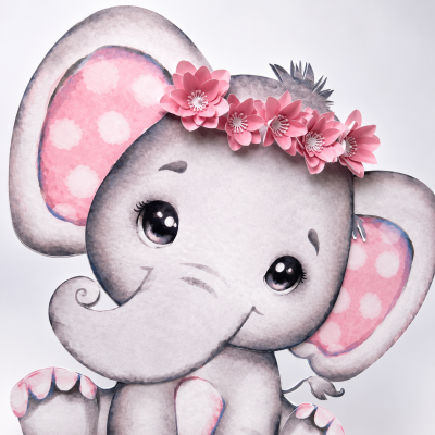 Ilustração de elefante cinzento com orelhas cor-de-rosa e coroa de flores cor-de-rosa