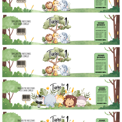 Etiqueta de aniversário com animais selvagens e texto Tiago faz 1