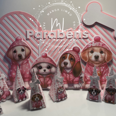 Decoração de festa com figuras de cães em casacos rosa e chapéus de cone