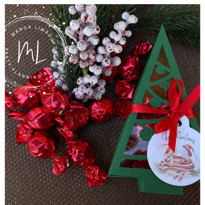 Embalagem de Natal verde triangular com fita vermelha, etiqueta 'Merry Christmas', bombons vermelhos e ramos com bagas brancas