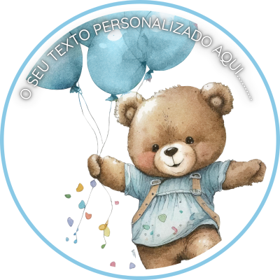 Urso de pelúcia castanho com bata azul e balões azuis em fundo branco