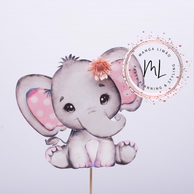 Figura decorativa de elefante cinzento com flor cor-de-rosa