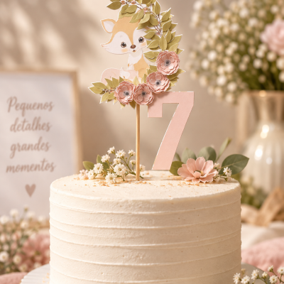 Bolo com decoração de flores e topo de bolo com número 7 e raposa