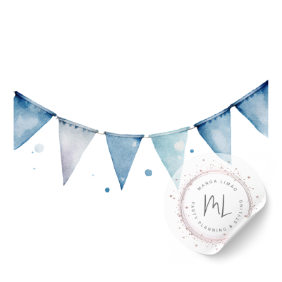 Bandeirinhas triangulares em tons azuis em estilo aquarela com logótipo Manga Limão