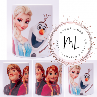 Três canecas brancas com imagens dos personagens do filme Frozen