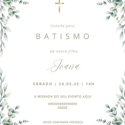 Convite para batismo com moldura de folhas verdes e texto dourado