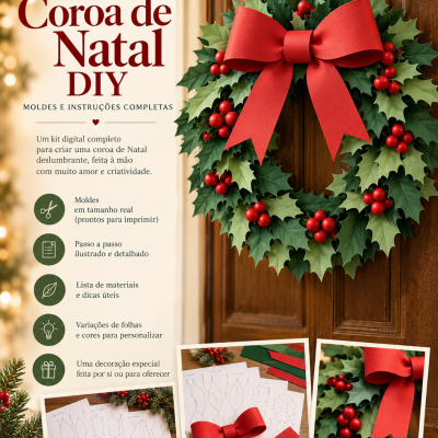 Coroa de Natal verde e vermelha com laço pendurada numa porta de madeira.